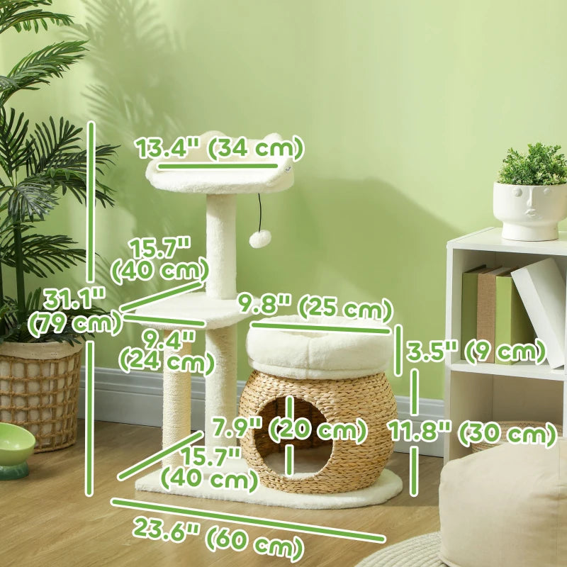 31" Cat Tree Tower with Scratching Posts, Cat Condo, Beds, Platform, Toy Ball, for Indoor Cats, Cream White