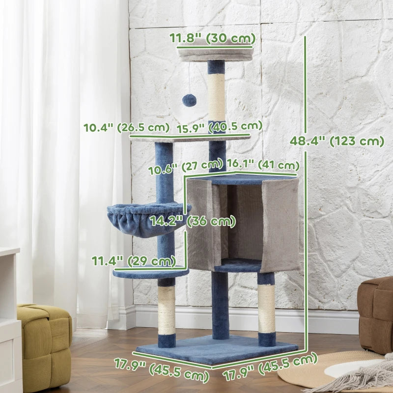 48" Modern Cat Tree with Condo, Hammock, Perch, Sisal Scratching Posts, Toy Ball, for Indoor Cats, Blue and Grey