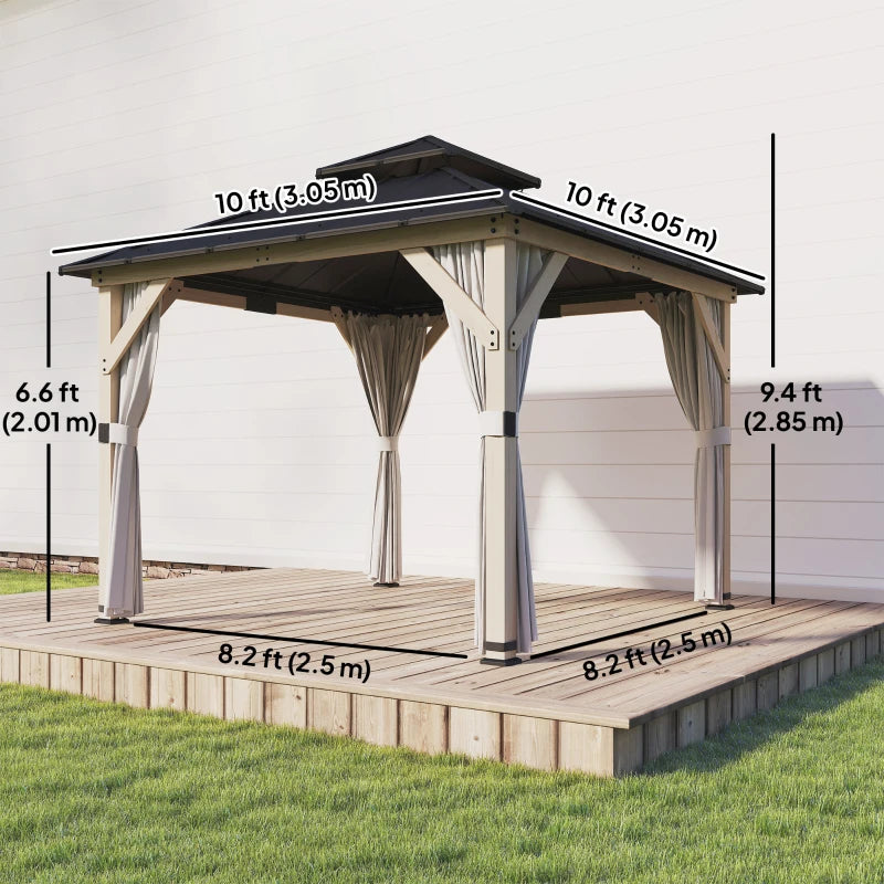 10' x 10' Outdoor Hardtop Gazebo with Double Steel Roof, Wood Patio Gazebo with Curtains, Hook, Light Grey