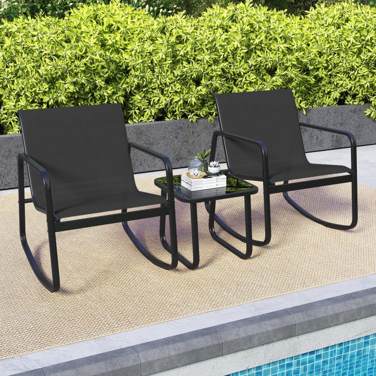 2 Rocking Bistro Chairs and Glass-Top Table for Porch Yard Balcony-Black