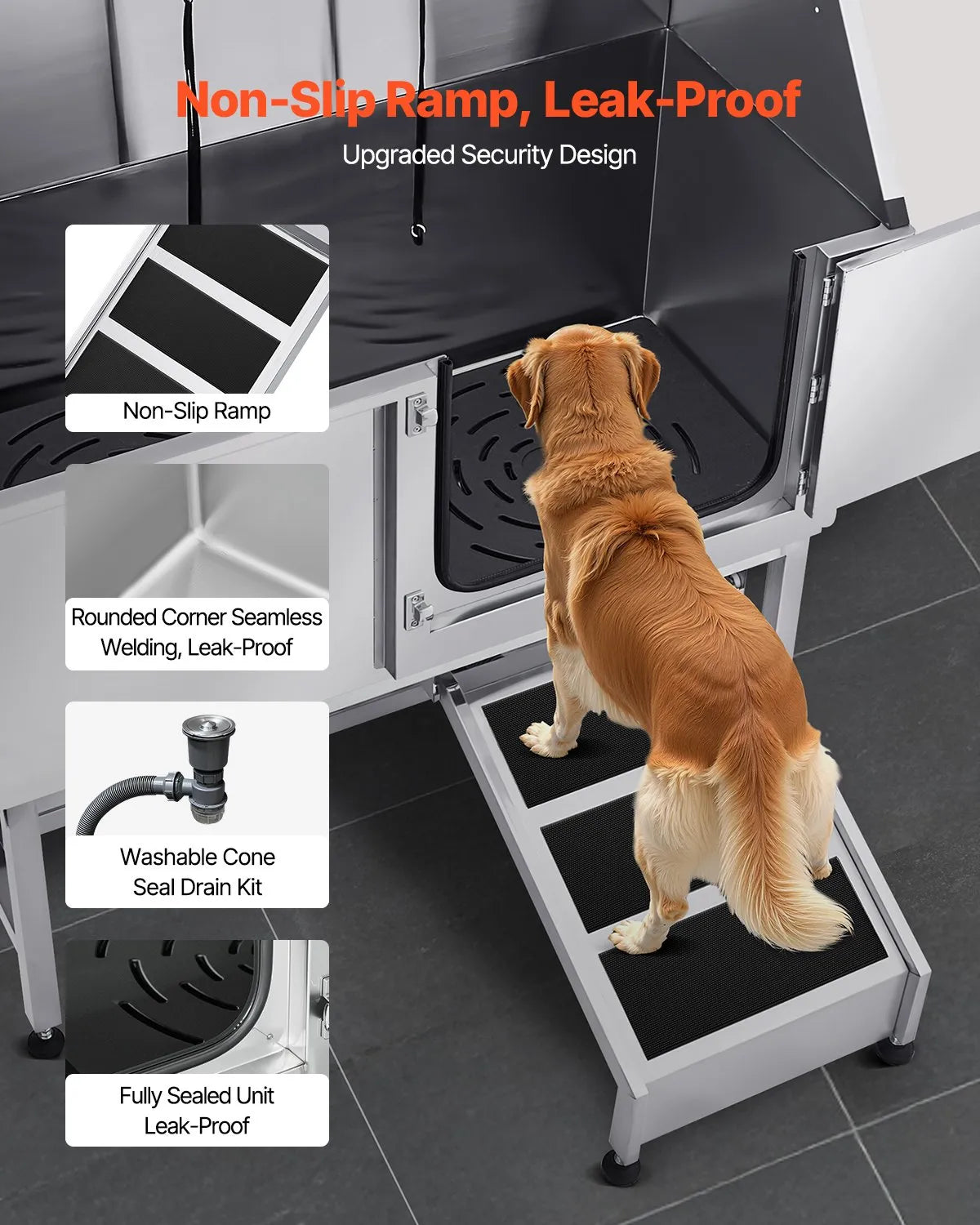 VEVOR 62 Inch Dog Grooming Bath Tub Stainless Steel w Ramp Water Filter