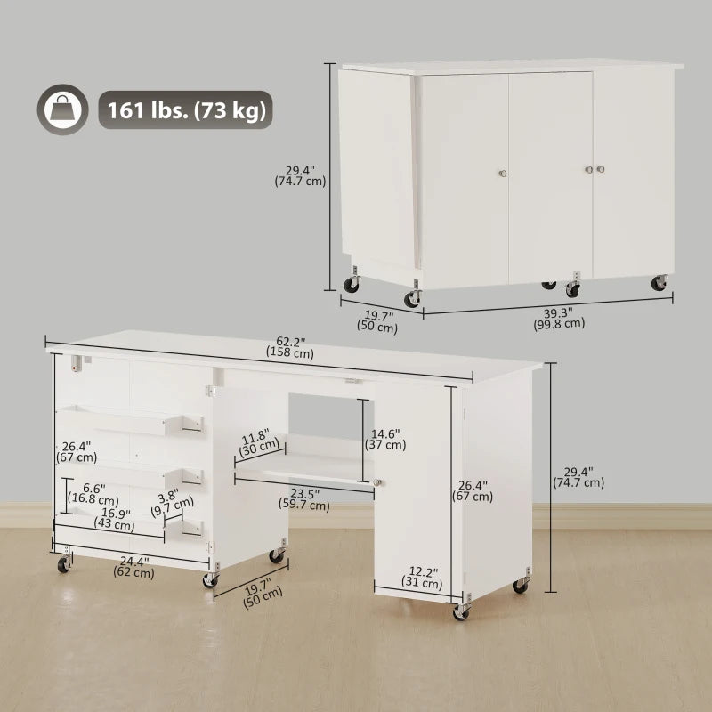 Sewing Machine Table with Drop Leaf, Folding Craft Table with 2 Doors and Adjustable Shelf for Small Spaces, White