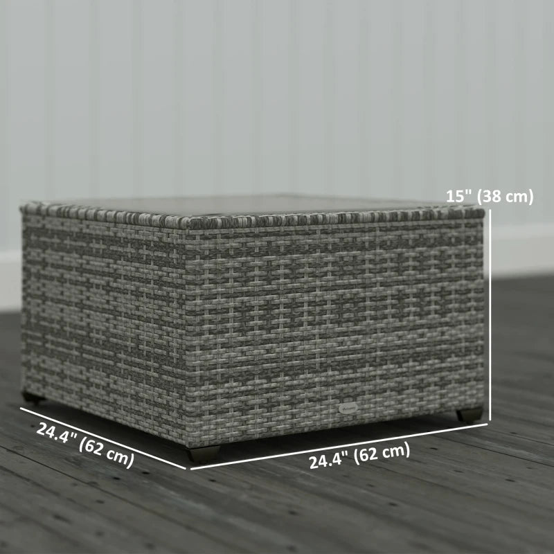 24.4" Patio Wicker Coffee Table, PE Rattan Outdoor Side Table with Tempered Glass Top, Light Grey