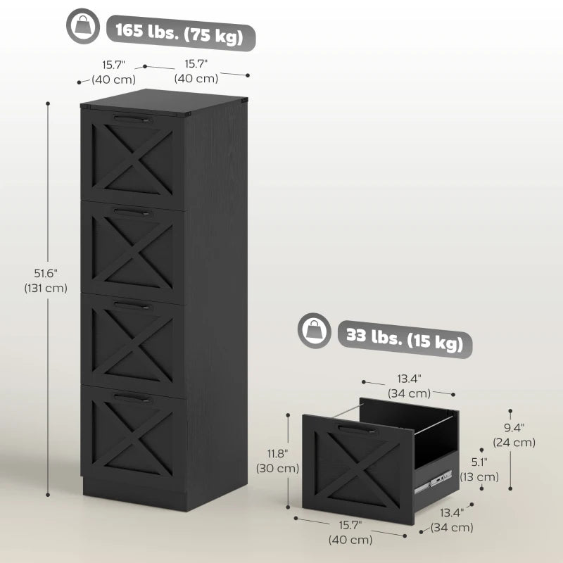 4 Drawer File Cabinet with Silent Slides, Vertical Farmhouse Filing Cabinet Fits Letter/A4 Size Home Office, Black