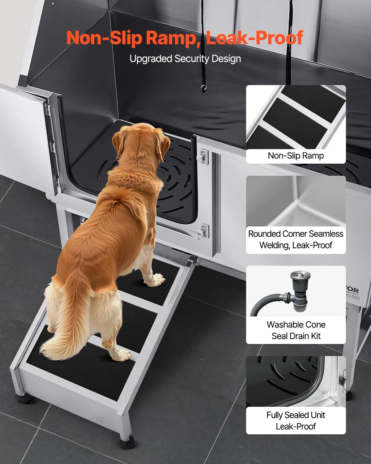 VEVOR 62 Inch Dog Grooming Bath Tub Stainless Steel w Ramp Water Filter Left