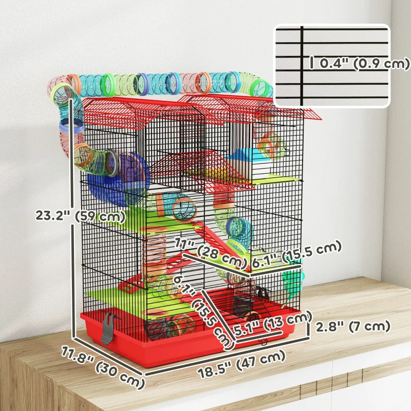 18.5" Hamster Cage, 5 Tiers Small Animal House with Tunnel Tube System, Exercise Wheel, Water Bottle, Red