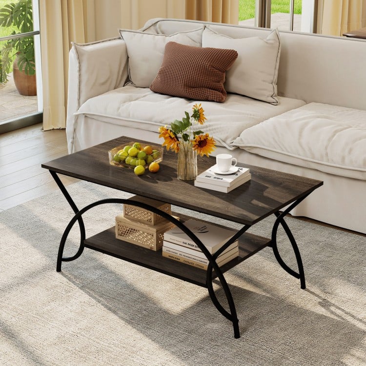 2-Tier Faux Marble Coffee Table with Marble Top and Metal Frame-Oak