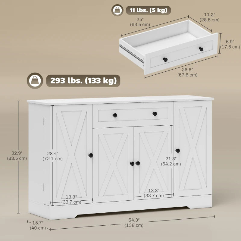 Sideboard Buffet Cabinet, Farmhouse Coffee Bar Cabinet with Door Shelves, Adjustable Shelves, Drawer, Barn Doors, White