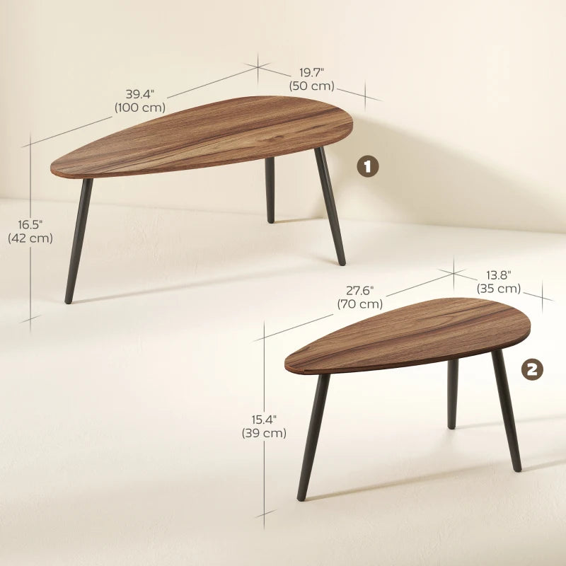 2 Pieces Coffee Table Set for Living Room, Industrial Nest of Tables with Steel Legs, Brown