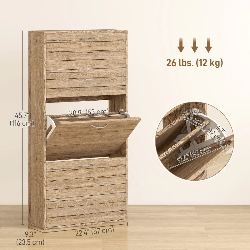 Shoe Storage Cabinet with 3 Flip Drawers, Narrow and Slim, 12 Pair of Shoes Organizer for Hallway, Entryway, Oak