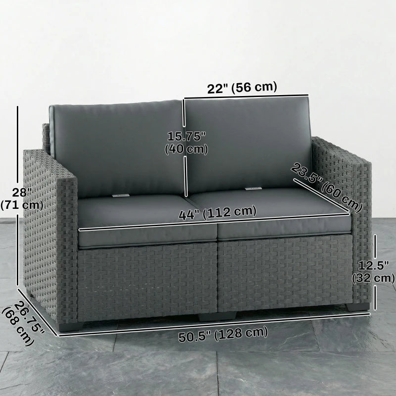2 Seater Outdoor Couch Patio Sofa with Deep Seat, Cushions, Wide Armrests for Garden, Balcony, Porch, Dark Grey