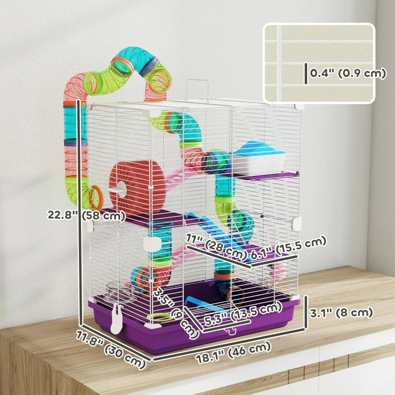 5 Tiers Hamster Cage Portable with Exercise Wheels Play Tube Water Bottle Dishes House Ladder for Gerbils, Purple