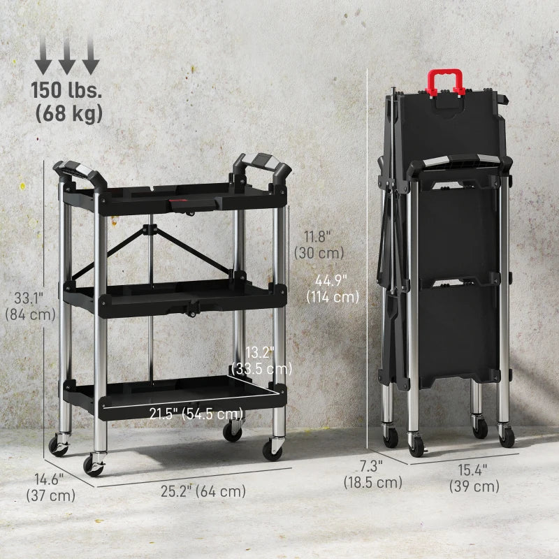 3-Tier Collapsible Tool Cart with Wheels, 150 LBS Capacity Folding Utility Cart with Handles for Garage Workshop, Black