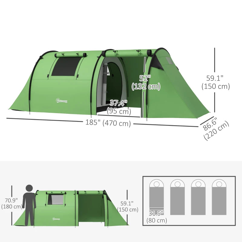 3-4 Person Camping Tent with 2 Rooms, 3000mm Waterproof Portable Family Tent with Carry Bag, Dark Green