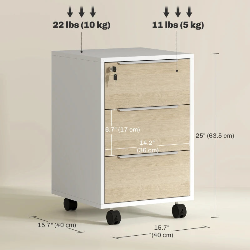 3 Drawer File Cabinet with Wheels, Vertical Filing Cabinet with Lock, Oak