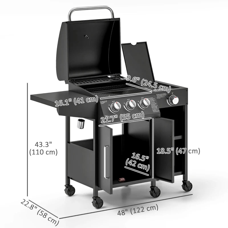 3 Burner Gas Grill with Side Burner, 9.5 KW Propane BBQ Grill, Cabinet Style with Shelves, Wheels, Instant Ignition