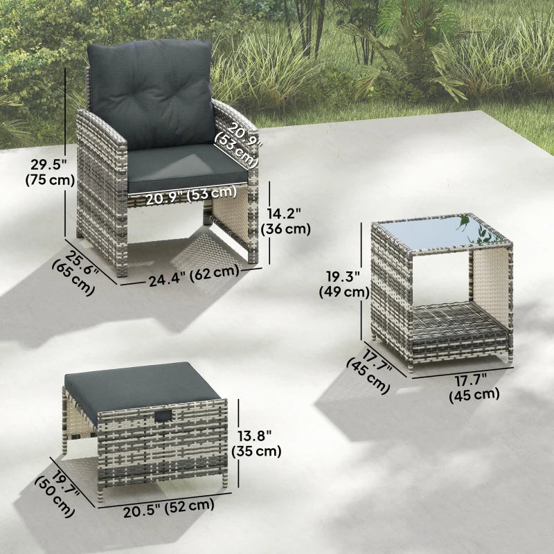 5 Piece Patio Furniture Set, Wicker Patio Chairs with Ottomans, 2-Tier Glass Coffee Table and Cushions, Grey/Dark Grey