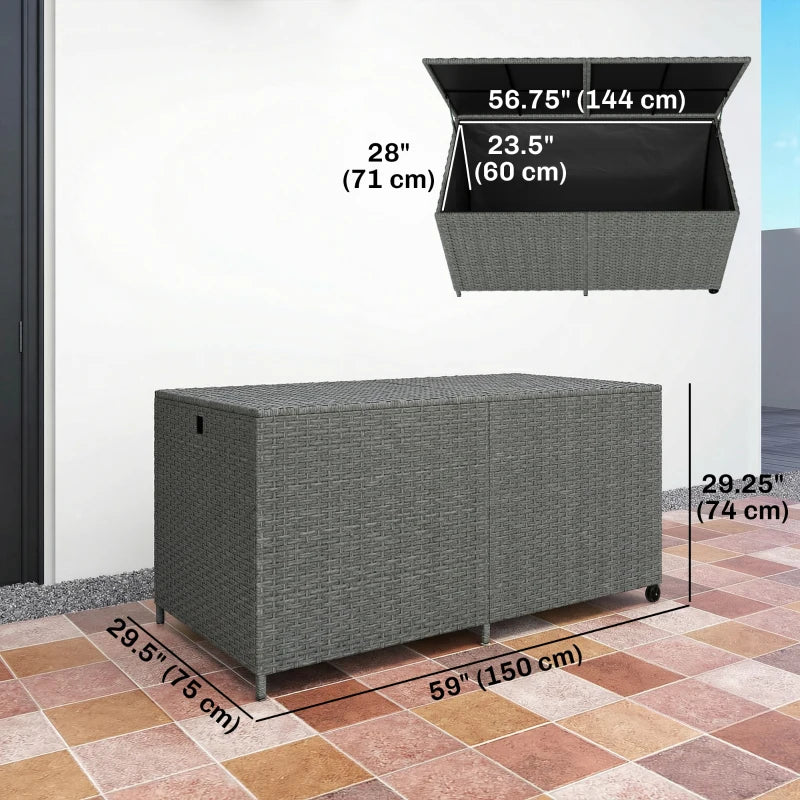 162 Gallon Rattan Deck Box with Wheels, Wicker Outdoor Storage Box with Waterproof Zippered Liner, Safe Pneumatic Rod