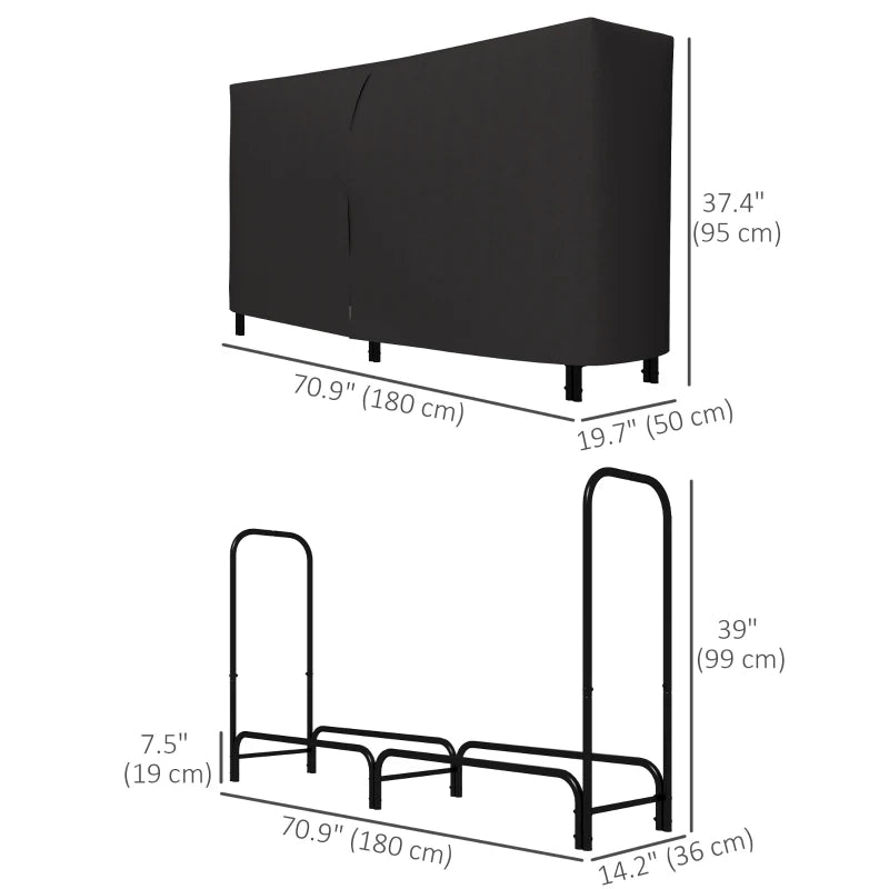 6ft Outdoor Firewood Rack with Cover, Adjustable Wood Storage Holder, Indoor Outdoor Log Rack for Fireplace, Black