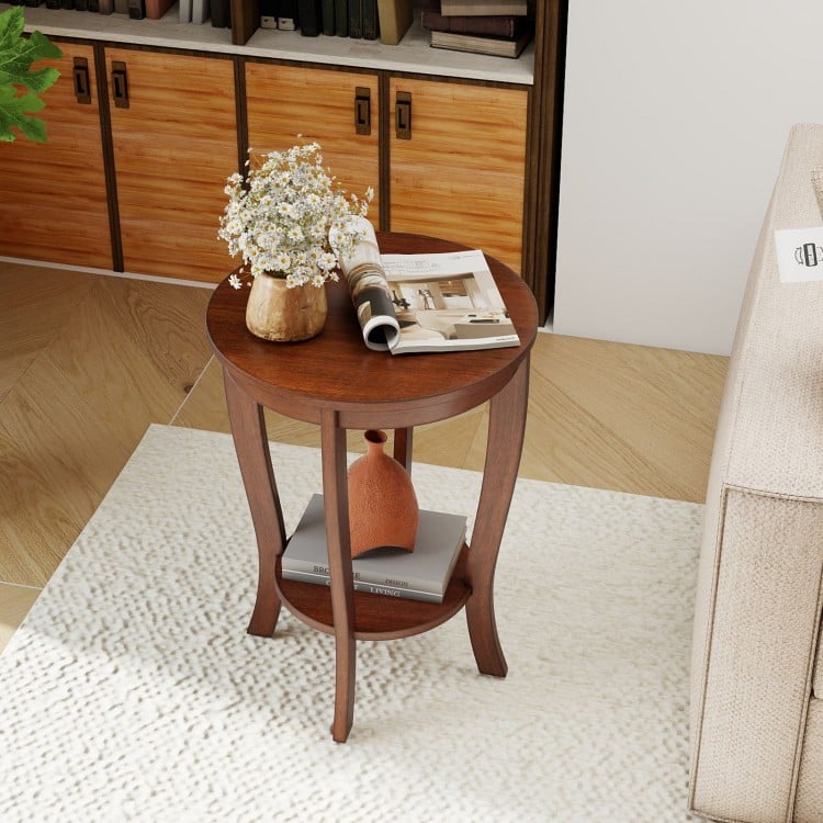 2-tier Round End Table with Solid Wood Legs-Brown