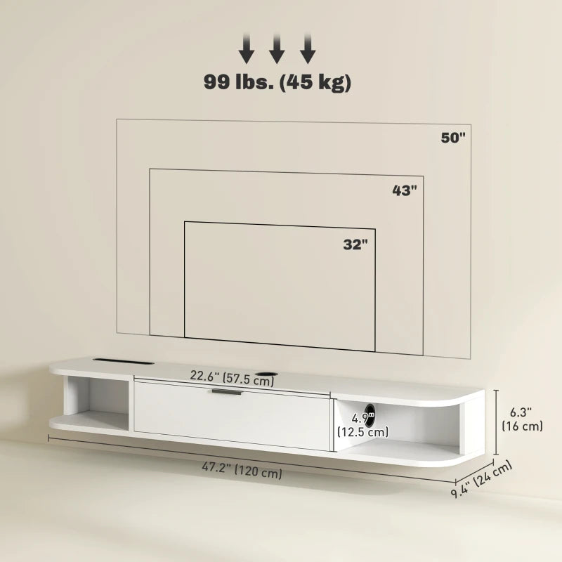 47" Floating TV Stand for TVs up to 50 Inch, Wall Mounted Media Console with Flip Drawer and 2 Open Shelves, White