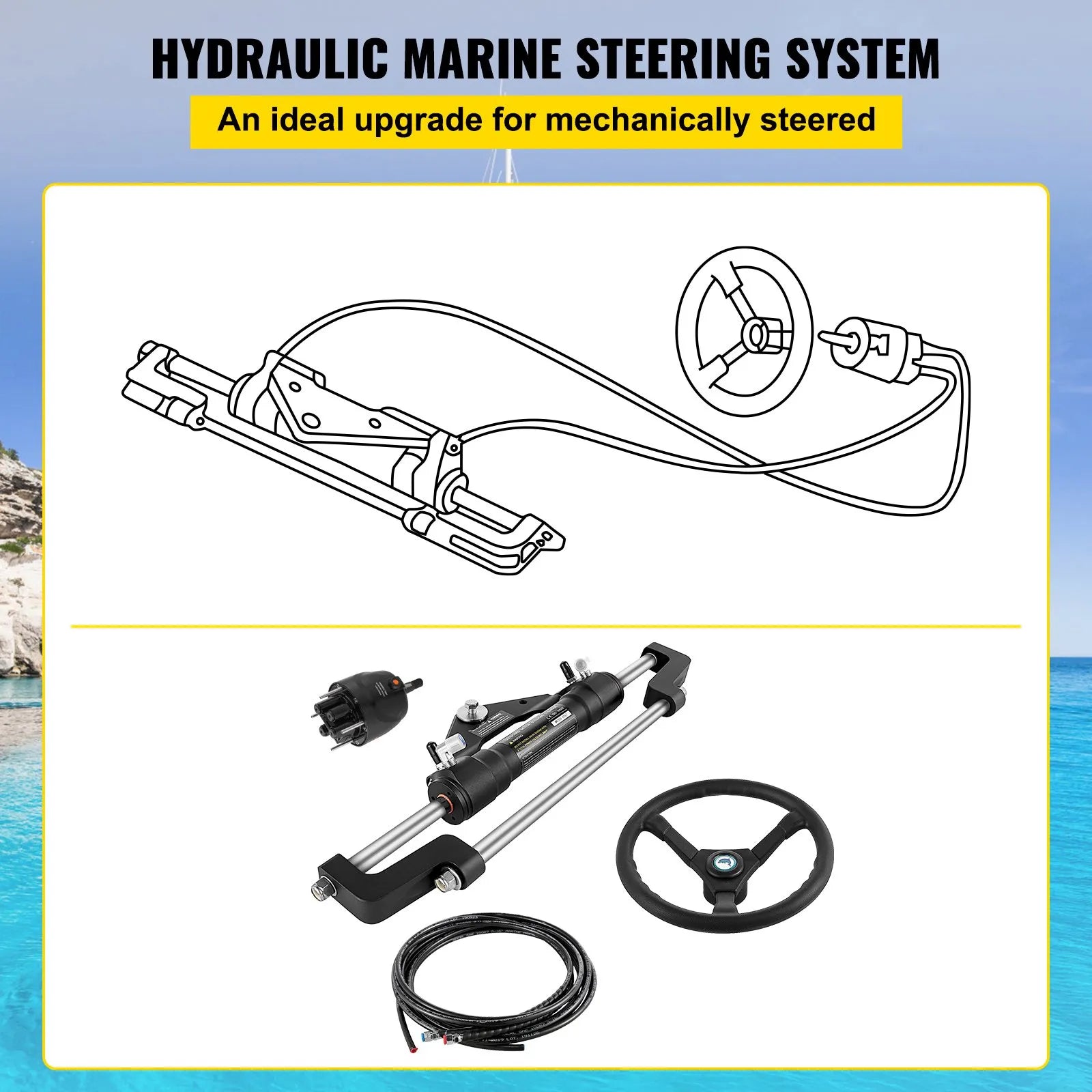 Hydraulic Boat Steering Kit Hydraulic Steering, 300HP Helm Pump, Cylinder, Wheel