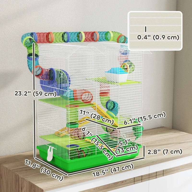 18.5" Hamster Cage, 5 Tiers Small Animal House with Tunnel Tube System, Exercise Wheel, Water Bottle, Green