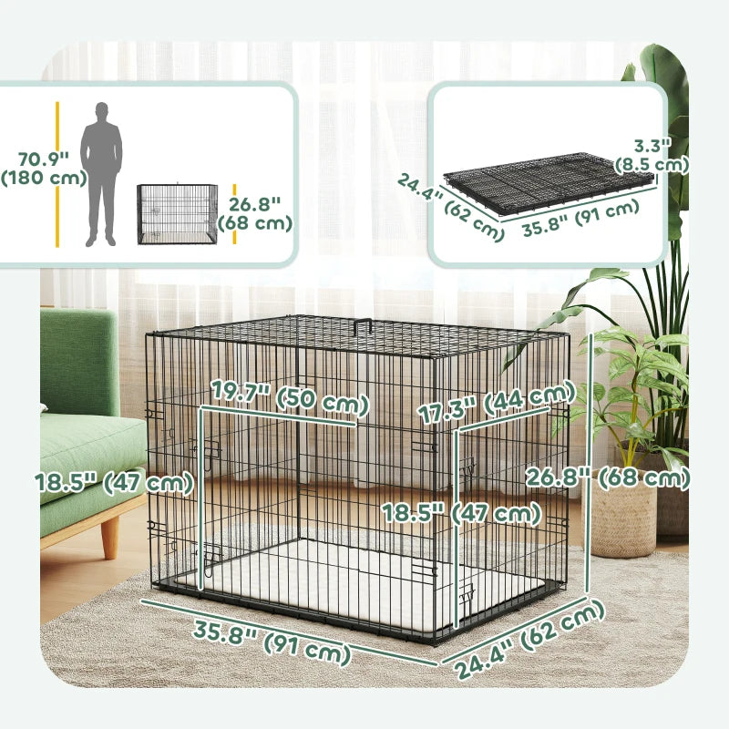35" Dog Crate with 2 Doors, Folding Metal Dog Cage with Soft Cushion, Removable Tray, Handle, Black