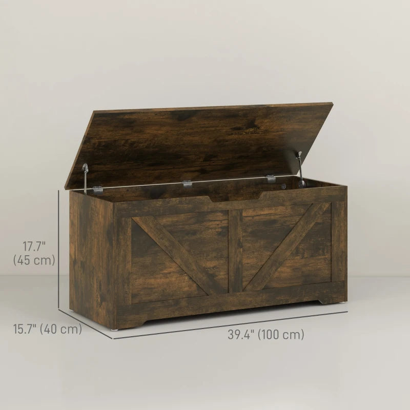 39.4 Inches Storage Chest, Storage Trunk with 2 Safety Hinges for Living Room, Brown Wood Grain