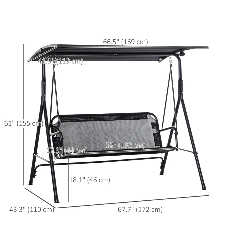 2-Person Porch Swing Chair, 2 Seater Patio Swing Bench w/ Adjustable Canopy, Breathable Seat for Garden, Poolside, Black