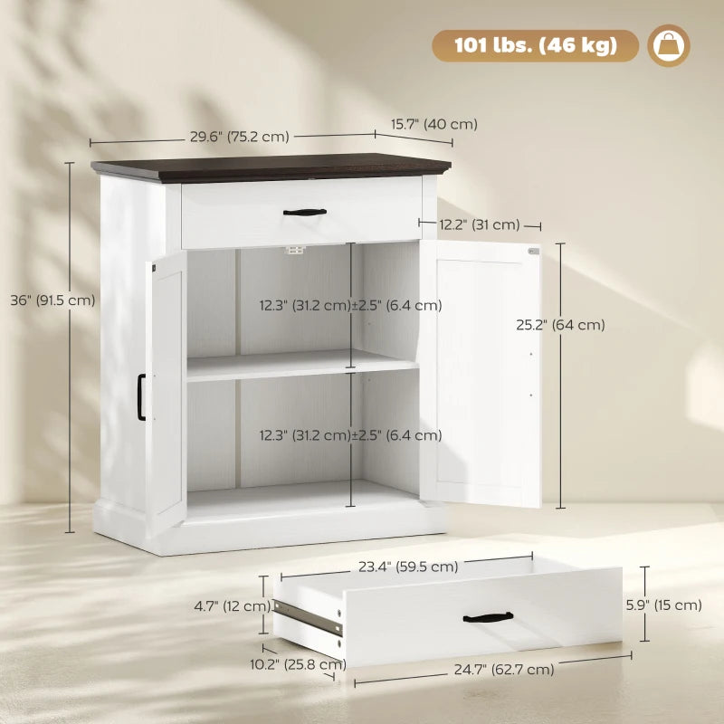 30" Buffet Cabinet, Farmhouse Sideboard with 1.2" Thick Top, 2 Barn Doors, Drawer and Adjustable Shelf, White