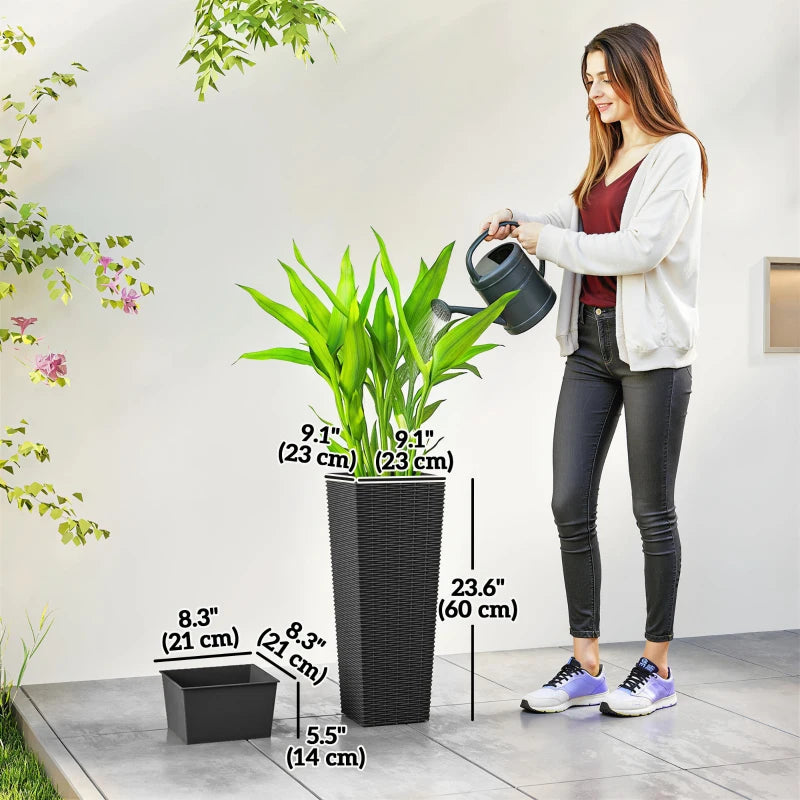 23.6 Inch Tall Planters for Outdoor Plants, Set of 2 Plastic Flower Pots with Drainage Holes, Black