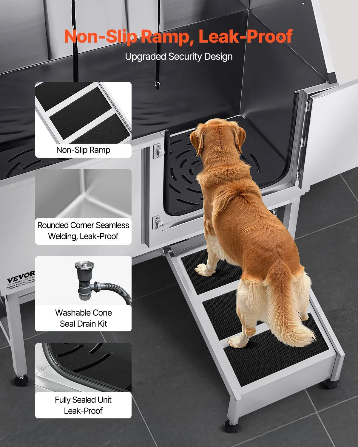 VEVOR 50 Inch Dog Grooming Bath Tub Stainless Steel w Ramp Water Filter