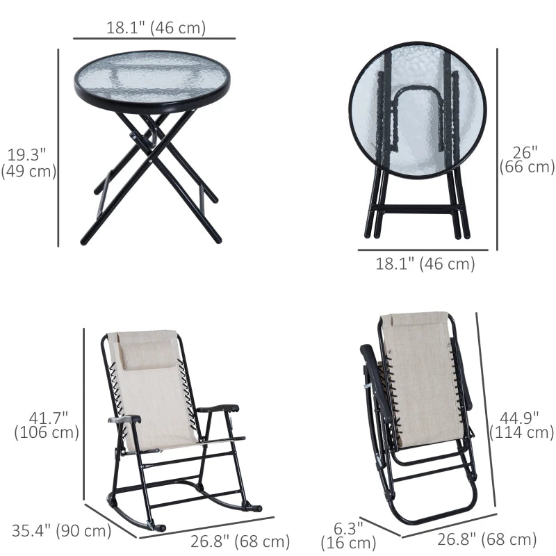 3pc Patio Rocking Chair Set, Folding Outdoor Rocking Chairs and Table Bistro Set w/ Breathable Mesh Seat & Backrest, Headrest for Park, Backyard, Garden, Cream White