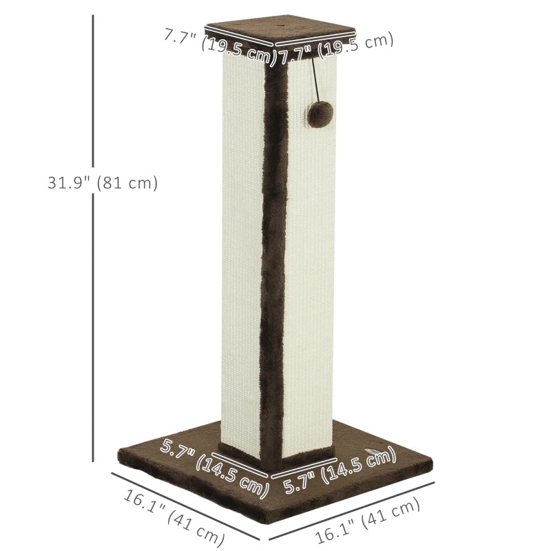 32" Tall Cat Scratching Post for Indoor Cats and Kittens, Sisal Cat Scratcher with Hanging Ball Soft Plush, Brown