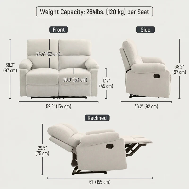 2 Seater Reclining Sofa, Loveseat Recliner Sofa with Footrest and Split Backrest, for Home Theater, Living Room, Cream White