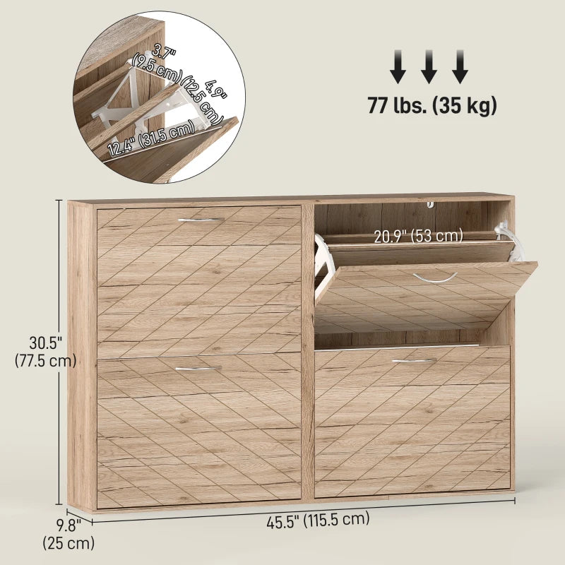Shoe Storage Cabinet with 4 Flip Drawers, Narrow and Slim, 12-20 Pair of Shoes Organizer for Hallway, Entryway, Oak