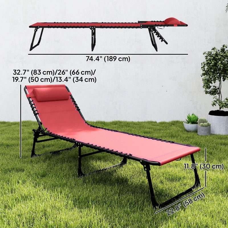 2 PCs Folding Lounge Chairs, Adjustable Chaise Lounge with Headrest, Reclining Lounger Cot for Camping, Hiking, Wine Red