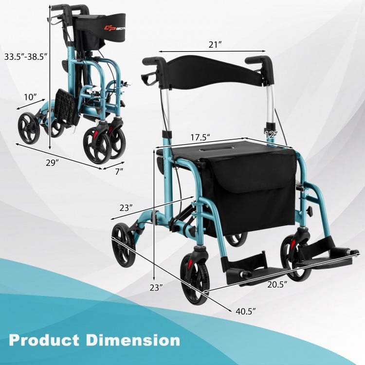2-in-1 Adjustable Folding Handle Rollator Walker with Storage Space-Blue