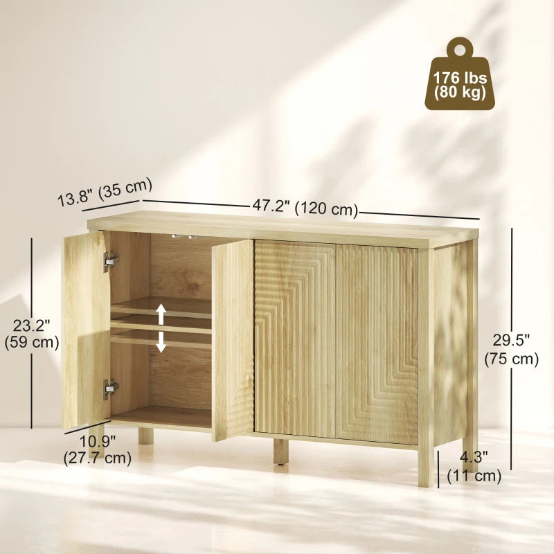47" Buffet Cabinet with Storage, Fluted Sideboard with Push to Open Design, 2 Adjustable Shelves and 4 Doors, Natural