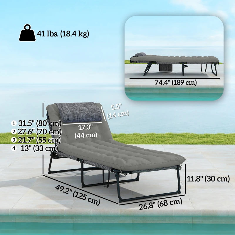 2-Piece Folding Lounge Chairs with Adjustable Backrest, Tanning Chair with Cushion, Side Pocket, Headrest, Grey