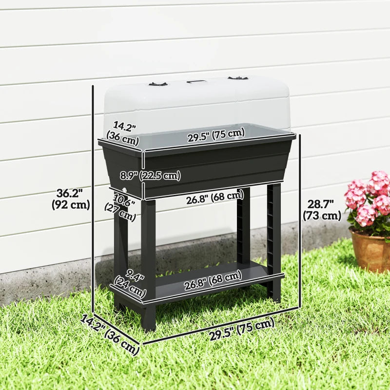 41L Self Watering Raised Garden Bed w/ Ventilation Transparent Lid Greenhouse, Planter Box w/ Storage Shelf, Black
