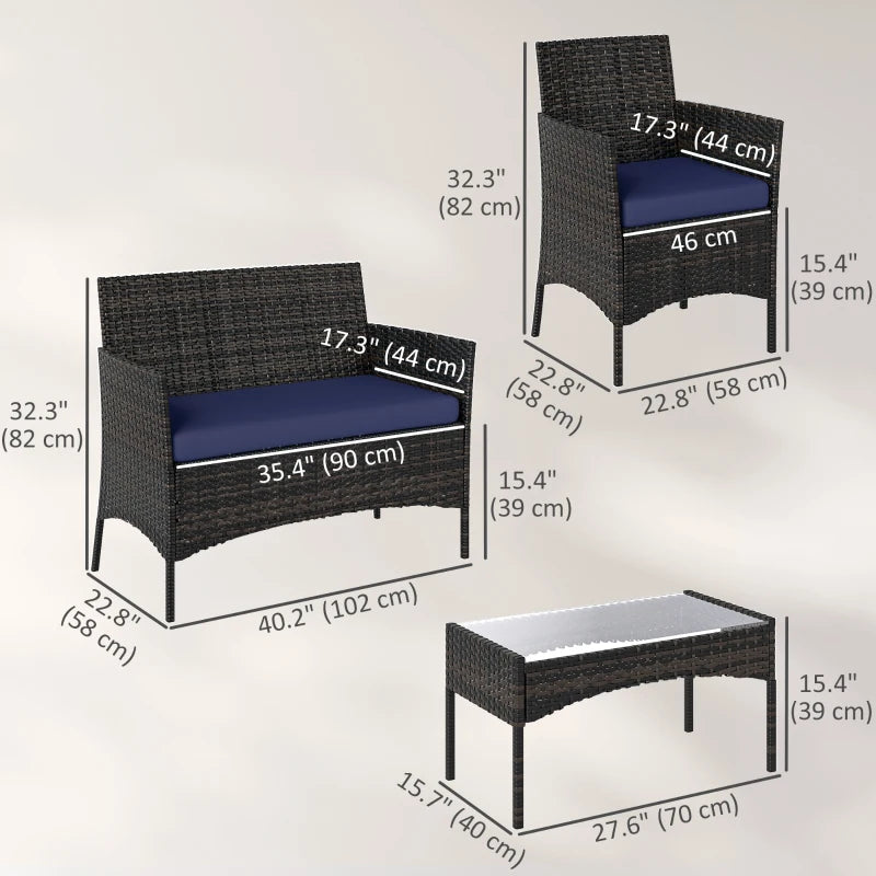 4 Pieces Wicker Outdoor Balcony Furniture Set Rattan Patio Furniture Set with Loveseat Chairs Glass Coffee Table Navy Blue