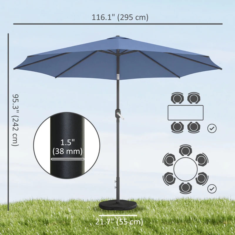10' x 10' Round Market Umbrella with Base and Sandbag, Patio Umbrella with Crank Handle and Tilt, Blue