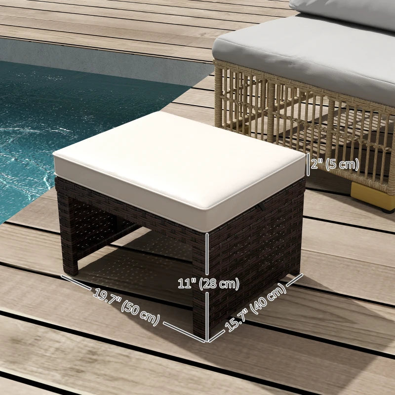 2 Pieces Wicker Outdoor Ottomans with Removable Cushions, Rattan Outdoor Seating, Footrest and Side Table, Khaki