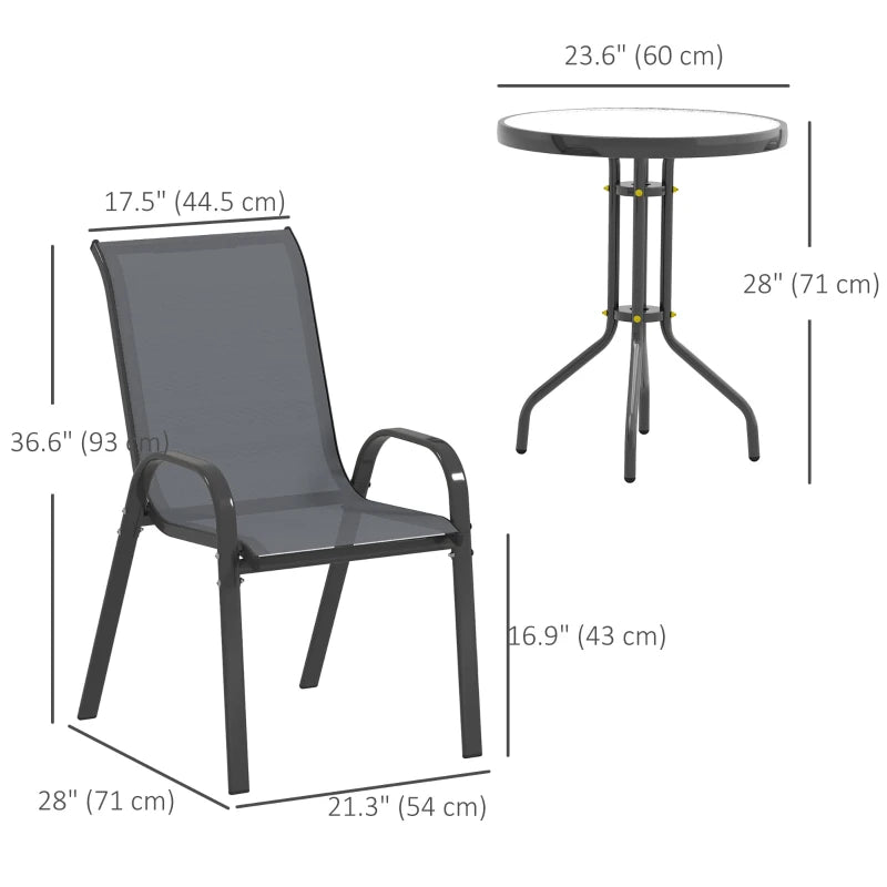 3 Pieces Bistro Set, Small Patio Furniture Set with Stackable Mesh Chairs, Glass Table for Garden, Balcony, Dark Grey