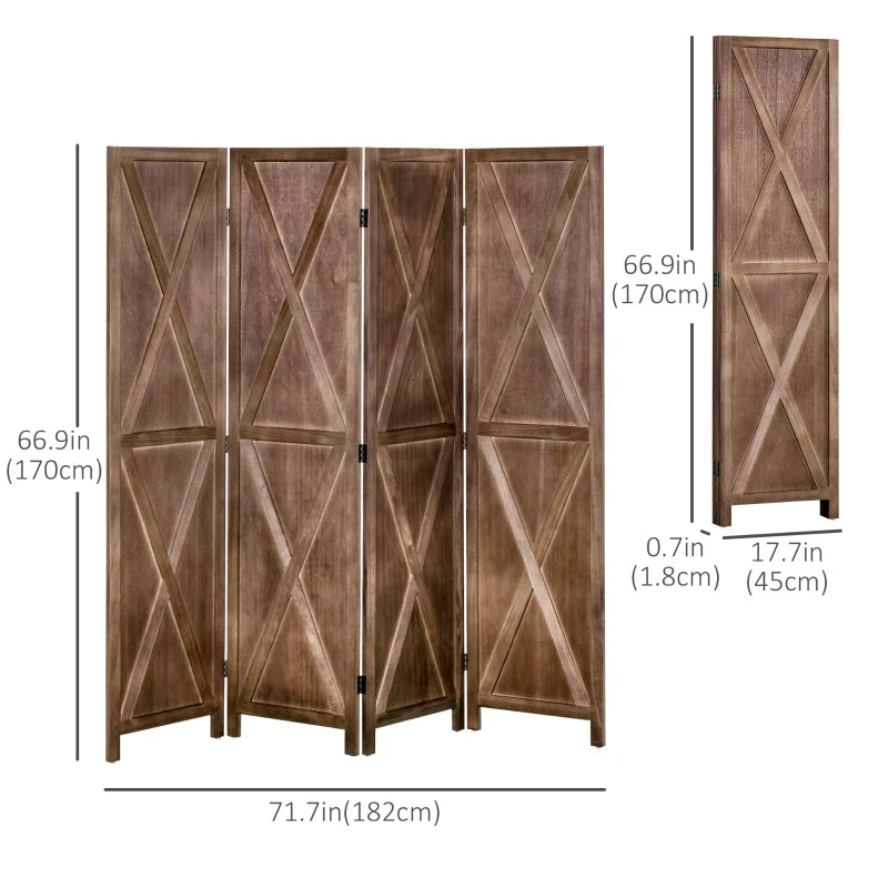 4-panel Wall Partition Farmhouse Room Separator with Foldable Design Wooden Frame 5.6FT, Walnut