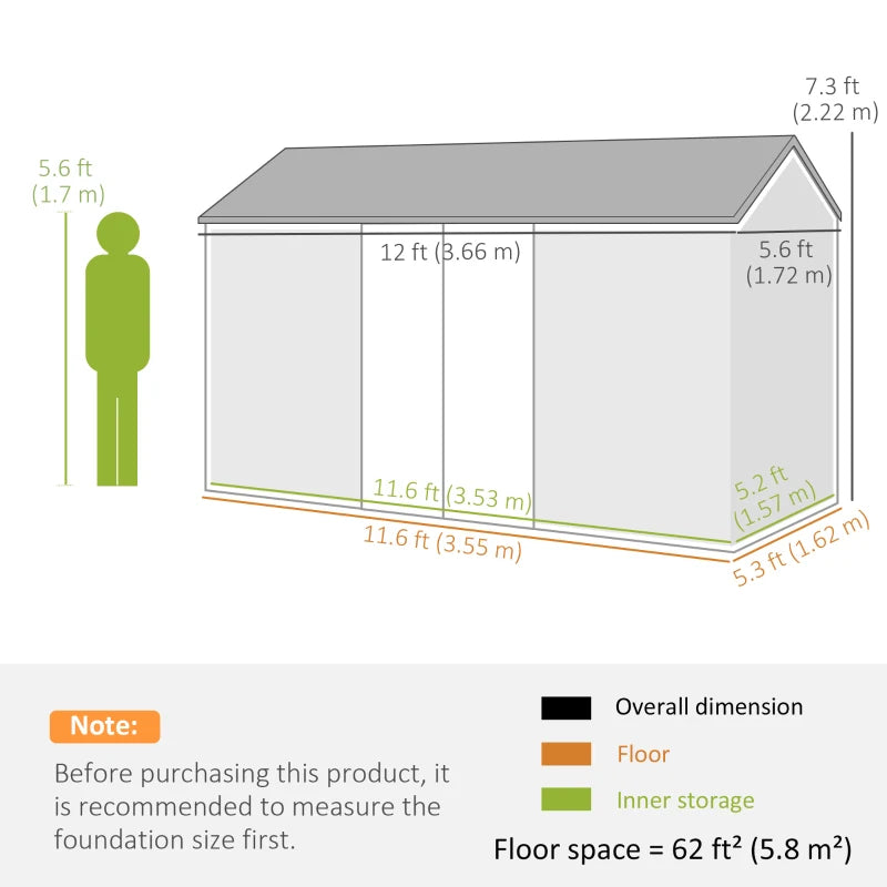 12' x 5.5' Metal Garden Storage Shed, Outdoor Tool Storage House with Lockable Door, Vents, Sloped Roof, Green