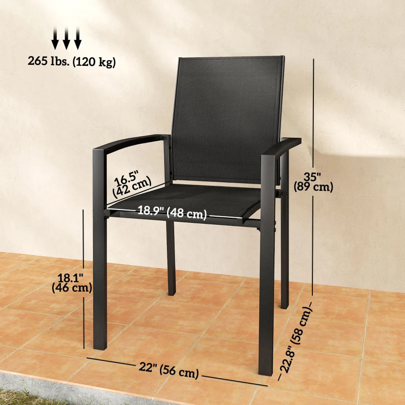 Set of 2 Outdoor Garden Chairs, Stackable Patio Dining Chairs with Breathable Fabric, Armrests and Backrest, Black