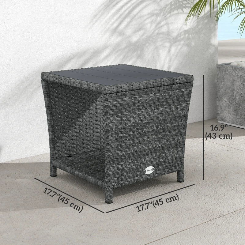 17.7" Wicker Side Table with Storage Shelf, Square PE Rattan Outdoor End Table with PS Wood Slat Top, Grey